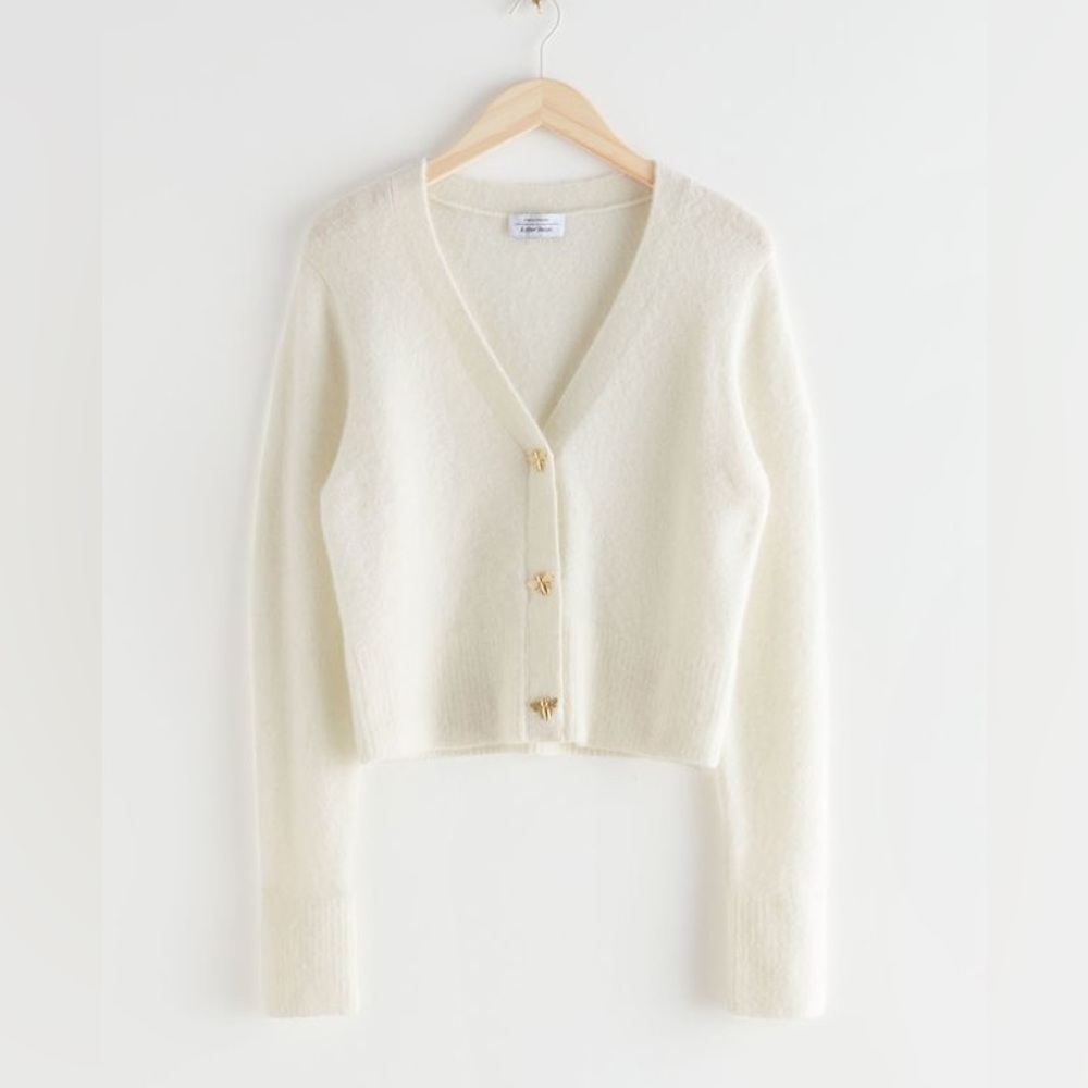 & Other Stories Cream V-Neck Cropped Cardigan with Gold Buttons